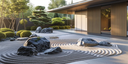 A Japanese Zen garden with a large house in the background. The garden is filled with rocks and has a circular designの素材