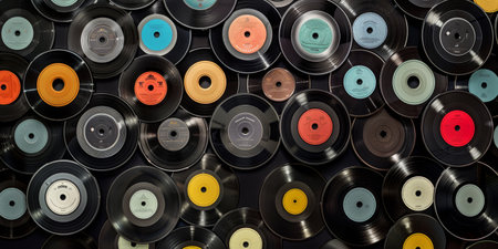 A collection of old records with a variety of colors and sizes. Concept of nostalgia and appreciation for the pastの素材