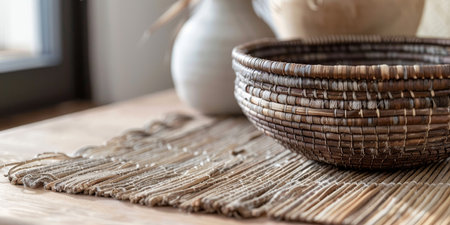 A wooden table with a woven mat and a bowl on it. The bowl is brown and has a woven designの素材