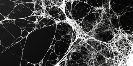 A black and white image of a spider web with a lot of detail. The image has a moody and mysterious feel to itの素材