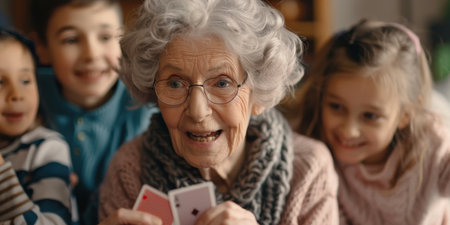 A woman in glasses is playing cards with a group of children. The children are smiling and seem to be enjoying the gameの素材