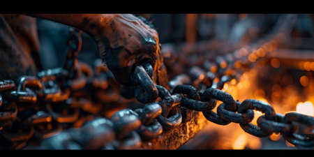 A man is holding a chain with his hand. The chain is black and has a lot of rust on it. The image has a mood of weariness and exhaustionの素材