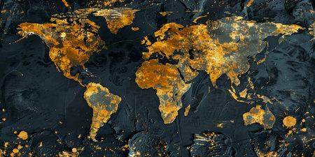 A large, black and gold painting of the world. The painting is very detailed and has a lot of gold accentsの素材