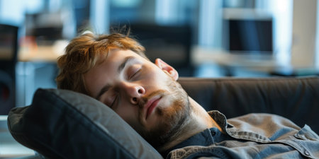 A man is sleeping on a black couch with a pillowの素材