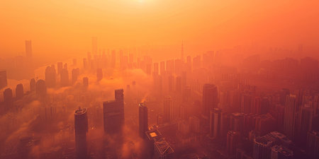 A city skyline is shown in orange and gray tones with a hazy fog in the background. The city appears to be in a state of decay, with buildings that are either abandoned or in disrepairの素材