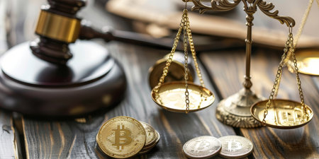 A scale with a coin on one side and a coin on the other side. The scale is gold and has a judge's gavel on topの素材