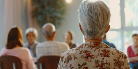 A woman with a floral print shirt is sitting in a room with other peopleの素材