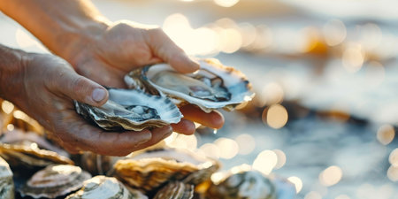 A person is holding two oysters in their handsの素材