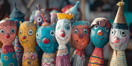 A group of wooden figurines with different colors and designs, including a clownの素材