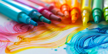 A bunch of colorful markers are scattered on a white surfaceの素材