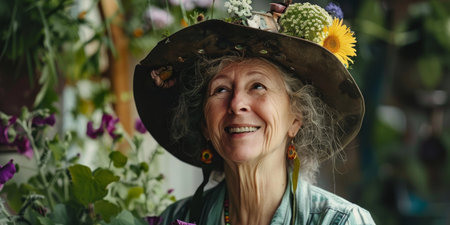 A woman wearing a flower hat is smilingの素材