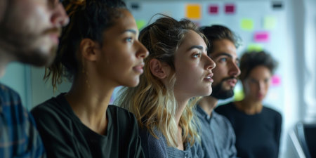 A group of people are sitting in a room with a white board behind themの素材