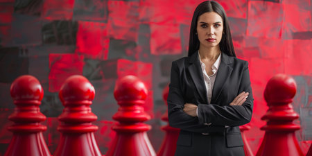 A woman in a suit stands in front of a row of red chess piecesの素材