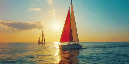 A sailboat is sailing in the ocean with the sun setting in the backgroundの素材