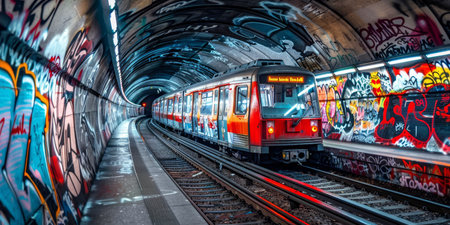 A train is traveling through a tunnel with graffiti on the wallsの素材