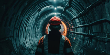 A man in a red helmet stands in a tunnelの素材