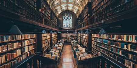 A large library with many bookshelves and a stained glass windowの素材