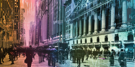 A colorful city street with people walkingの素材