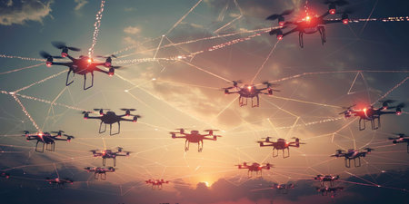A group of drones flying in the sky at sunsetの素材
