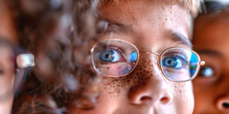 A boy with glasses and blue eyes is smiling at the cameraの素材