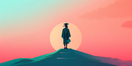 A woman in a graduation gown stands on a hill with a sun in the backgroundの素材
