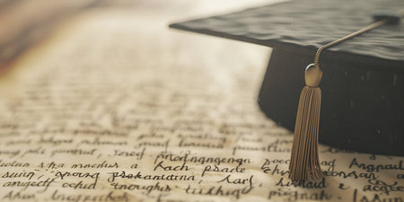 A graduation cap sits on top of a page of writingの素材