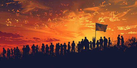 A group of people are standing in a field at sunsetの素材