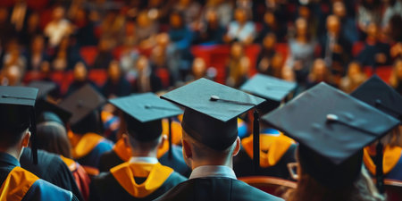 A group of people wearing graduation caps and gowns sit in a classroomの素材