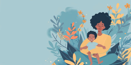 A woman is holding a baby in a lush green backgroundの素材