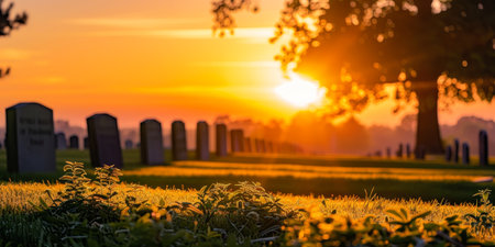 A cemetery with a row of headstones and a tree in the backgroundの素材