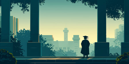 A man in a graduation gown stands in front of a city skylineの素材