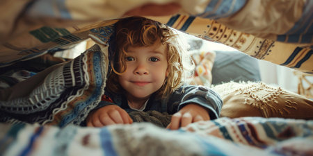 A young girl is laying on a bed with a blanket over her headの素材