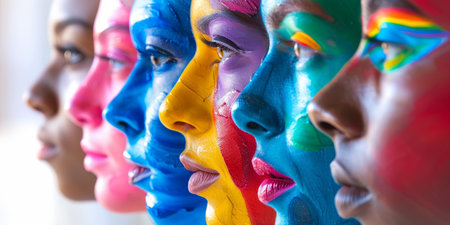 A group of women with painted faces in various colorsの素材