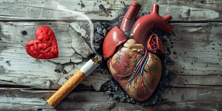 A heart is surrounded by cigarette butts and a red heartの素材