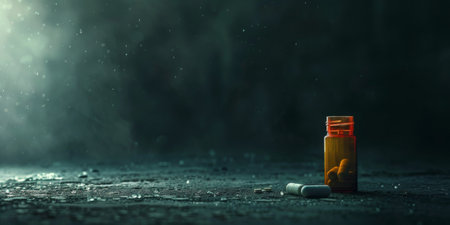 A bottle of pills is sitting on the ground in front of a dark backgroundの素材
