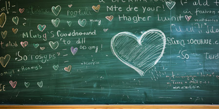 A chalkboard with a heart drawn on it and a lot of writing around itの素材