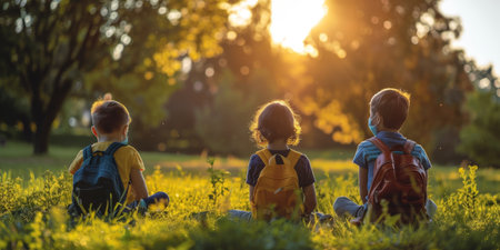 Three children sit in a grassy field, wearing backpacks and masksの素材