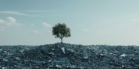 A lone tree stands in a barren, rocky landscapeの素材