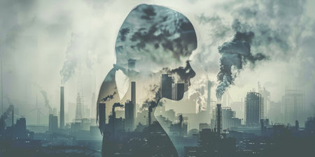 A woman's silhouette is shown in a cityscape with smoke and pollutionの素材