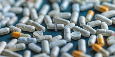 A person is standing in a pile of white pillsの素材