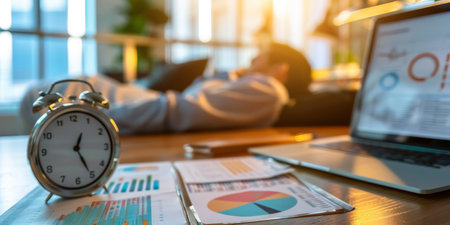A man is sleeping on a desk with a laptop and a clockの素材