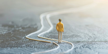 A man stands on a road with two white lines, one of which is a dotted lineの素材