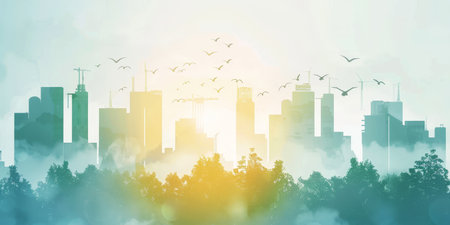 A city skyline with a large number of birds flying in the skyの素材