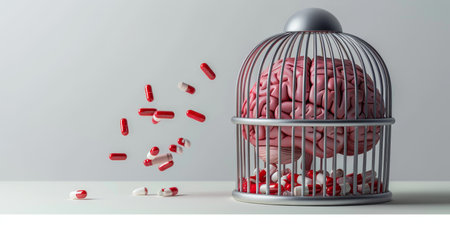 A brain is in a cage with pills scattered around itの素材