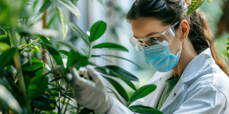 A woman in a lab coat is wearing a mask and gloves while working with plantsの素材