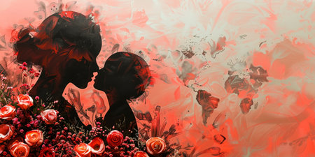 A painting of a mother and child with a red backgroundの素材