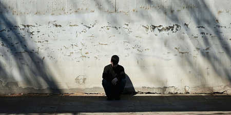 A man sits on the sidewalk, looking down at his feetの素材