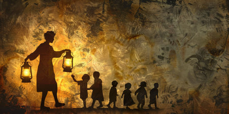 A woman is holding a lantern and leading a group of childrenの素材