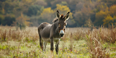 A donkey is standing in a field of tall grassの素材