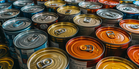 A row of canned food with different colors and sizesの素材
